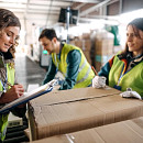 People and parcels in a warehouse